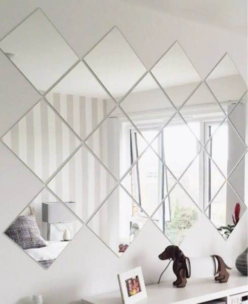 Зеркальный гибкий ПВХ пластик (небьющееся зеркало) СЕРЕБРО, острые углы / Зеркальные пластиковые панели 650х460х2 мм. / Наклейки интерьерные